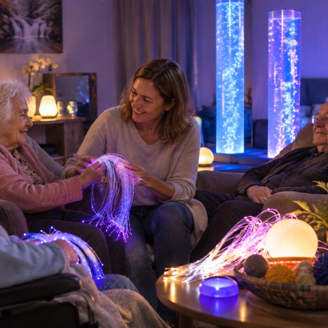 Séance Snoezelen : une personne âgée manipule des fibres optiques lumineuses avec une accompagnante