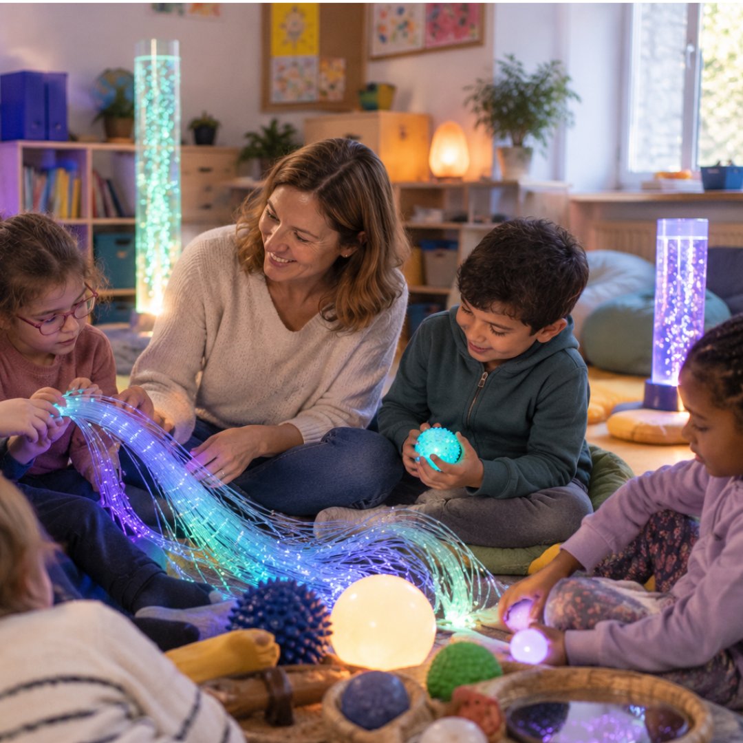 Séance Snoezelen : une personne âgée manipule des fibres optiques lumineuses avec une accompagnante
